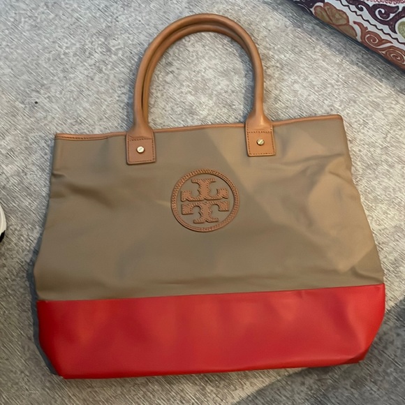 Tory Burch all leather tan and red tote bag good/fair quality - Picture 1 of 5